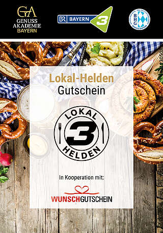 Plakat Lokal-Helden Gutschein, mit bayerischen Brotzeitmotiven im Hintergrund und Partner-Logos
