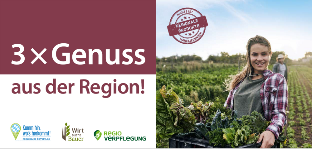 Flyer-Cover zum Thema der drei bayerischen Regionalplattformen. Frau mit Karohemd und Gemüsekiste auf einem Feld, lächelnd.