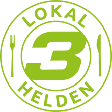 Rundes grünes Logo mit einer 3 in der Mitte, links und rechts stilisiertes Besteck und Schriftzug im äußeren Kreis mit „Lokal-Helden“.