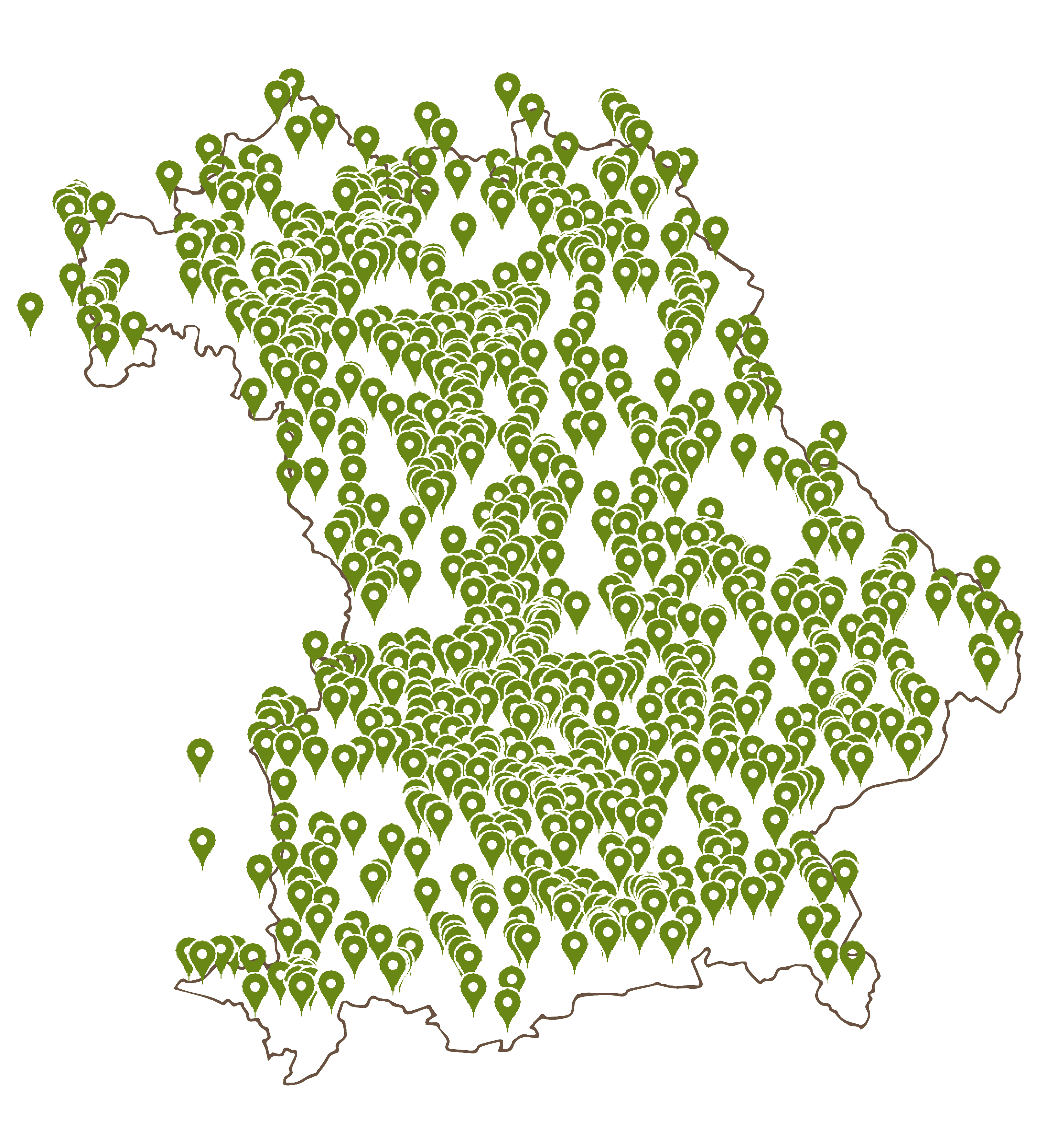 Landkarte von Bayern voller grüner Standortnadeln, die die Herkunft der Teilnehmer von Wirt sucht Bauer anzeigen.