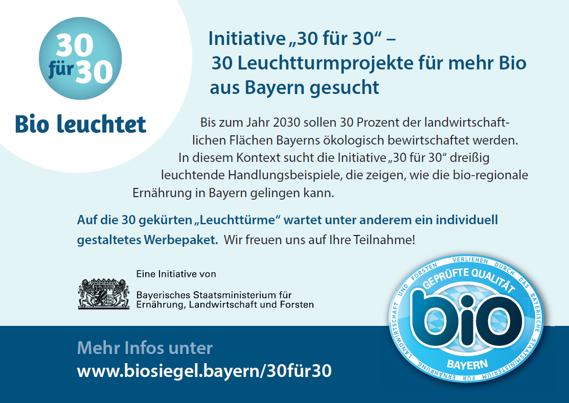 Flyer der Initiative 30 für 30, Bayerisches Bio-Siegel prominent im Bild